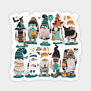 Boo-tiful gnomes // spot // dark teal background fun little creatures black grey green mint and orange dressed for halloween Magnet