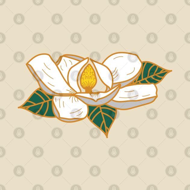 Farmhouse Floral White Magnolia Flower with Green Botanical Leaves and Gold Copper Outline by Little Shop of Nola