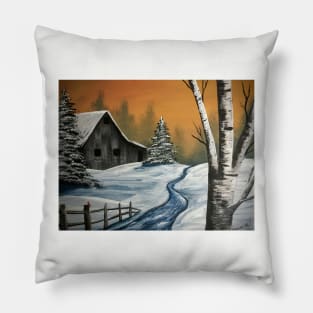 Snowy Barn and Birch Pillow