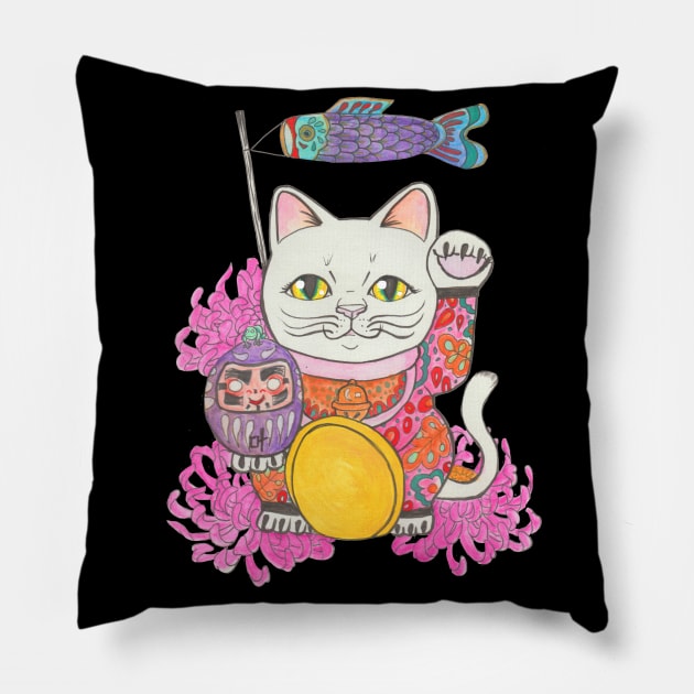 Maneki Neko lucky cat art Pillow by JenStedman73