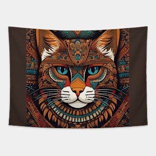 Azure Gaze Tribal Cat Tapestry