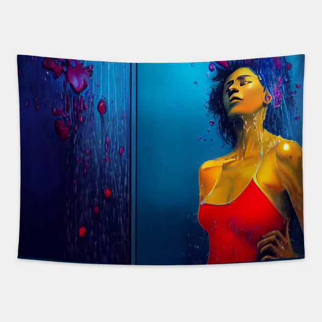 Woman taking cold shower Tapestry by fistikci