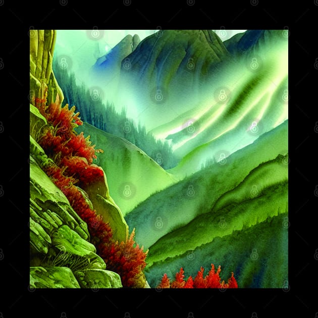 Digital Painting Of a Lush Wet Green Natural Mountains by Promen Art