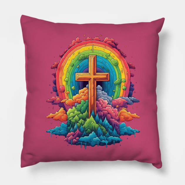 Heaven is a Rainbow - Rainbow Cross and Clouds - LGBT Ally LGBTQIA Pride LGBTQ Love is Love Christian Pillow by JensenArtCo