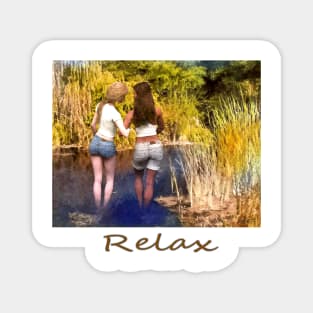 Two women girls wading in pond zen yoga buddhism Magnet