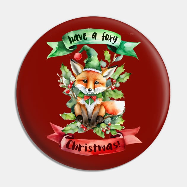 "Have a FOXY Christmas!" - A festive watercolor Christmas greeting with a cute little fox in a Christmas outfit sitting on mistletoe and winter berries, with green and red banners Pin by WitchDesign