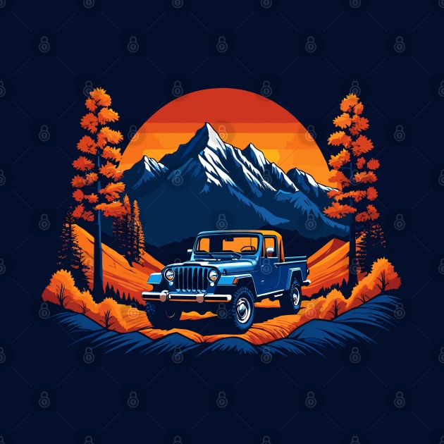 Vintage Jeep Pickup Fall Mountain Scene by SunGraphicsLab