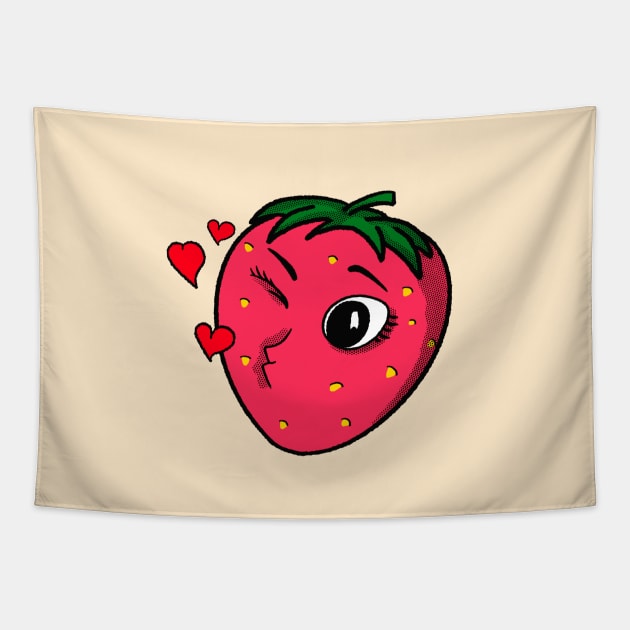 Cute Strawberry Pop Art Retro Cartoon Fruit Tapestry by Foxxy Merch