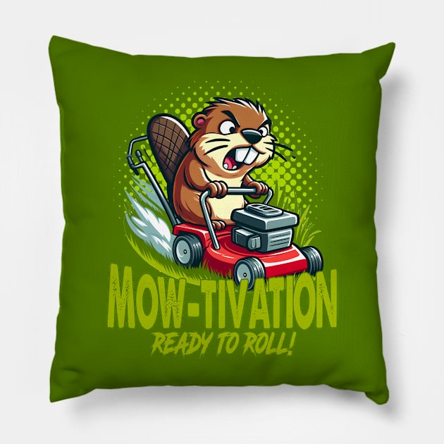 Mow-tivation - Beaver riding a Lawn mower Pillow by SergioCoelho_Arts