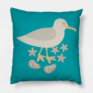 SEAGULL AND SEASHELLS Coastal Seashore Ocean Bird Starfish Shells - UnBlink Studio by Jackie Tahara Pillow