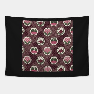 Traditional Japanese Floral Shippou Summer Flower Crest Pattern with Hydrangea, Iris, and Peony in Deep Purple Tapestry