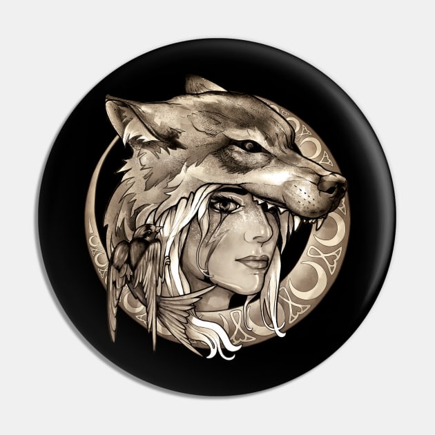 Wolf & Swallow - Art Nouveau Medallion [SEPIA] Pin by Lix