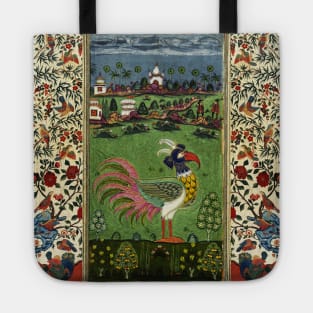 MYHTOLOGICAL BIRD WITH COLORFUL FEATHERS ,FLOWERS IN GREEN RUSTIC LANDSCAPE Antique Floral Tote