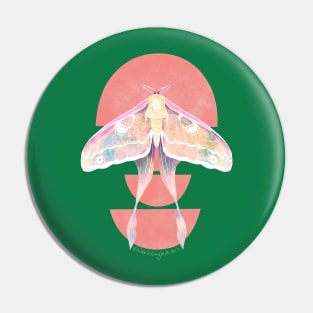 Pink Luna Moth Watercolor on Green Background Pin