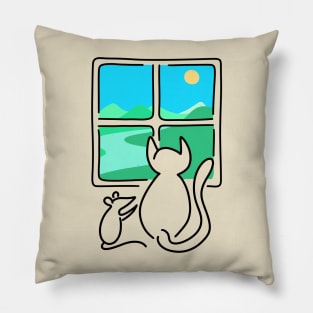 Cat and Mouse Window View BLACK OUTLINE Pillow