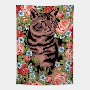 Cat With Flowers Tapestry