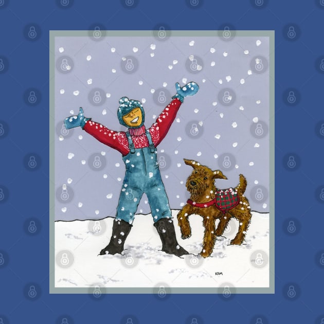 Boy and Dog in Snow by katydidkay