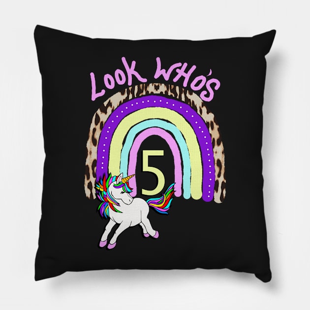 Birthday 5 Year Old Rainbow & Unicorn Pillow by tamdevo1