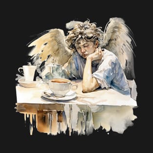 Sleepy Angel Before Coffee Watercolor Style T-Shirt