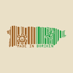 Puerto Rico Map Made in Boriken Taino Symbols Barcode Green Brown Design T-Shirt