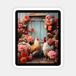 Retro Elegant Art - Chicken and Flowers by the coop Magnet