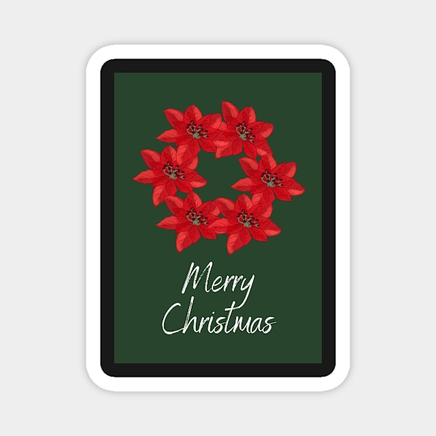 Merry Christmas Poinsettia Wreath on a Dark Green Background Magnet by esslev