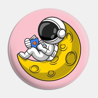 Cute Astronaut Reading Book On Moon Cartoon Pin