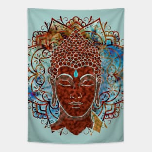 Face of Buddha Mandala in Red Tapestry