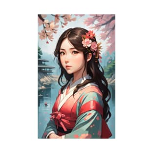 Sakura Lake Serenity: Portrait of a Japanese Girl T-Shirt