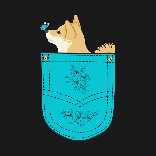 Shiba Inu Dog with Butterfly on Muzzle in Floral Pocket by Seasonal Dogs