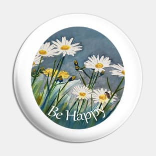 Be Happy message with a background of daisies and a bee Pin