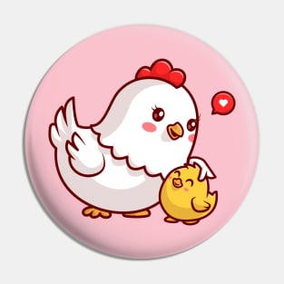 Cute Mom Chicken And Chick Cartoon Pin