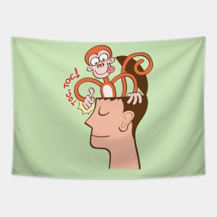 Let's meditate. Mad monkey knocking on the forehead of a man in meditation Tapestry