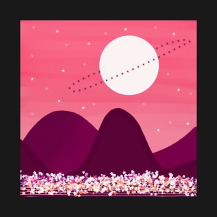 Pink Sky With Stars & Flowers Scenery T-Shirt