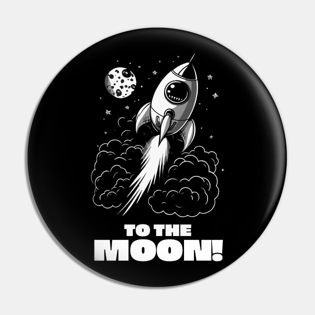 To The Moon! || Black and White Rocket in Space Pin by Mad Swell Designs