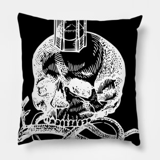 Memento Mori - Skull and Hourglass memento mori White on Black Pillow