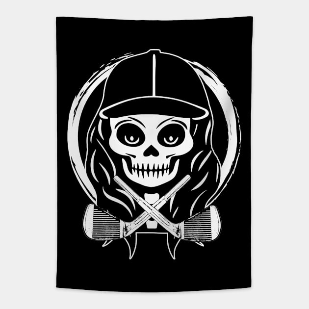 Female Golfer Skull and Golf Clubs White Logo Tapestry by Nuletto