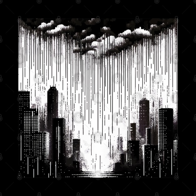 Abstract Art Monochromatic City in Rain Drops Pattern by TomFrontierArt