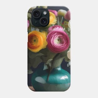 Ranunculus Flowers and Eucalyptus Leaves Still Life Painting in Turquoise Vase Phone Case