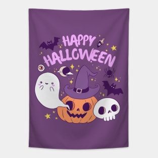 Happy halloween a Cute witch pumpkin with a ghost and pats friends Tapestry