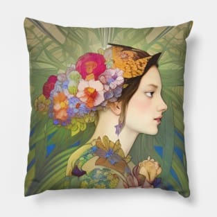 Pretty Art Deco Painting of girl with flowers botanical floral goddess of flowers Pillow