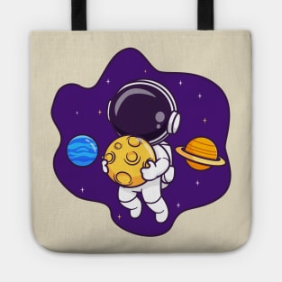 Cute Astronaut Floating In Space With Planet And Holding  Moon Cartoon Tote