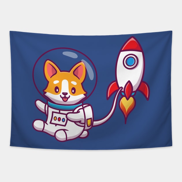 Cute Corgi Astronaut With Rocket Cartoon Vector Icon Illustration Tapestry by Catalyst Labs