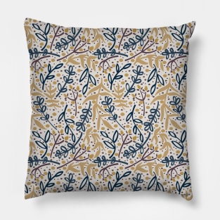 Botanicals and Dots - Hand Drawn Design - Navy Blue, Yellow, Brown, and Cream White Pillow