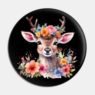 A baby deer decorated with beautiful watercolor flowers Pin