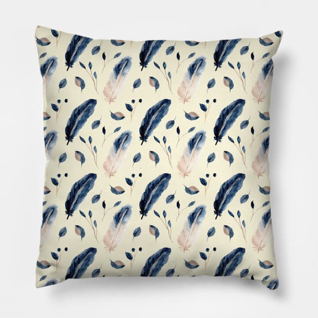 Boho Blue Feathers - Artistic Bird and Feather Lovers Design Pillow by edwardechoblue