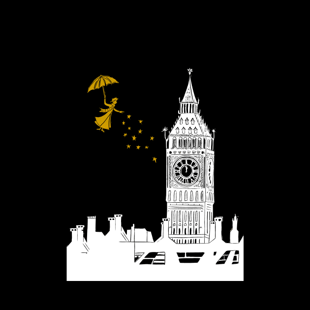 Mary Poppins and Big Ben Linocut Print in white, black and gold by Maddybennettart