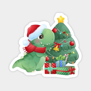 Cute Christmas T Rex Dinosaur With Christmas Tree And Gift Boxes Magnet