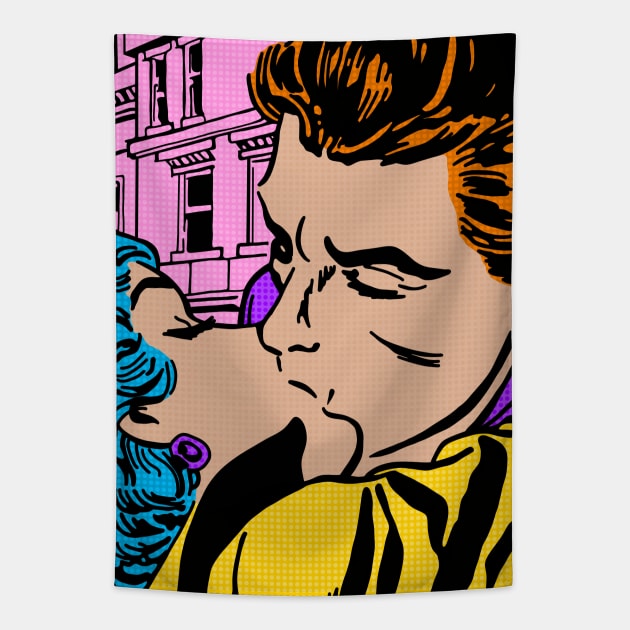 Comic Couple Smooches Tapestry by Slightly Unhinged