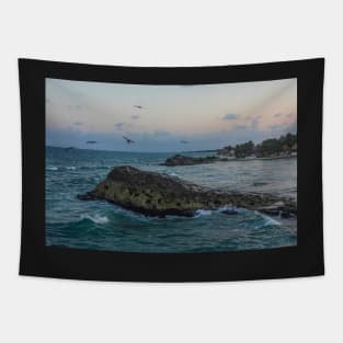 Tulum Mexico Pelicans flying over Tulum beach at sunset MX Tapestry